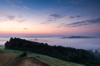 Kırsal kesimde güzel bir sabah. Sabah Sisi 'nde Rolling Hills. Pembe Gök. Mavi Saat.