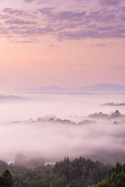 Alba Rosa Con Nuvole Nebbia Rolling Hills — Foto Stock