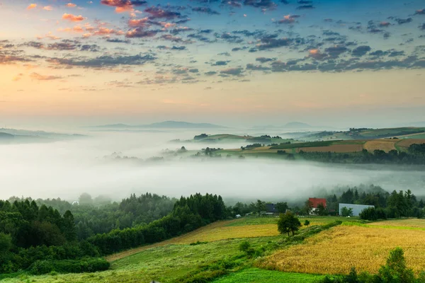 Beautiful Poland Countryside Rolling Hills Meadows Fog Sunrise — Stock Photo, Image