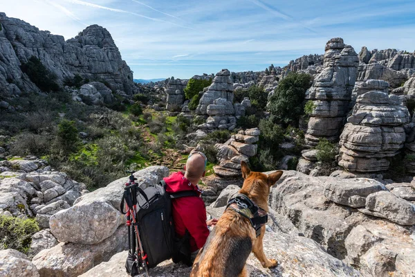 Aktiva Äventyr Med Hund Avlägsna Berg Utomhus Aktivitetslivsstil Människa Och — Stockfoto