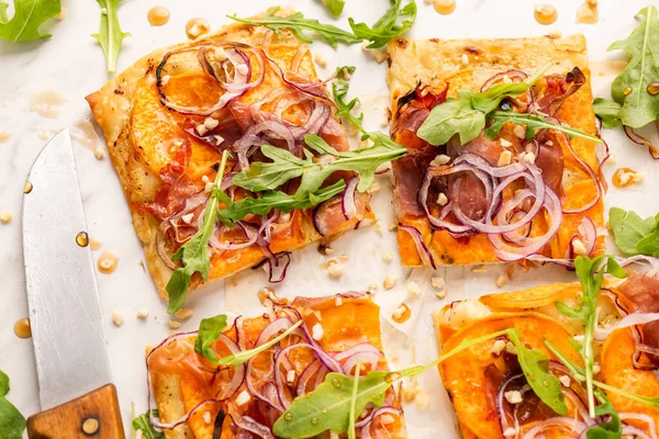 Foccacia Flat Bread Atau Pizza Slices Tampilan Turun Atas — Stok Foto