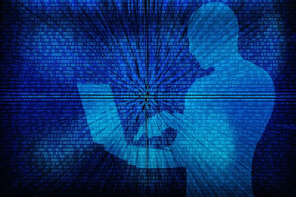 Silhouette eines Hackers mit Laptop auf einem Hintergrund mit Binärcode — Stockbild Silhouette Eines Hackers Mit Laptop Auf Einem Hintergrund Mit Binärcode — Stockfoto