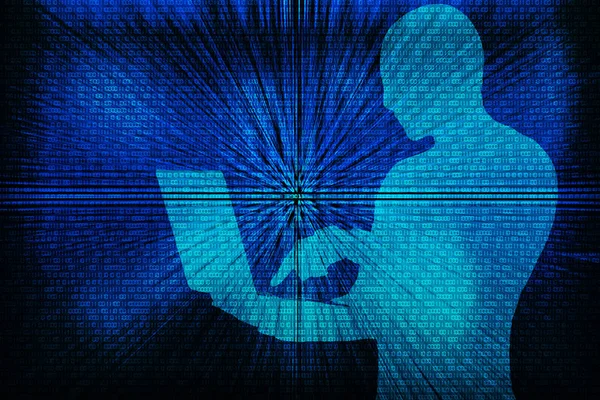 Silhouette eines Hackers auf einem Hintergrund mit Binärcode — Stockbild Silhouette Eines Hackers Auf Einem Hintergrund Mit Binärcode — Stockfoto