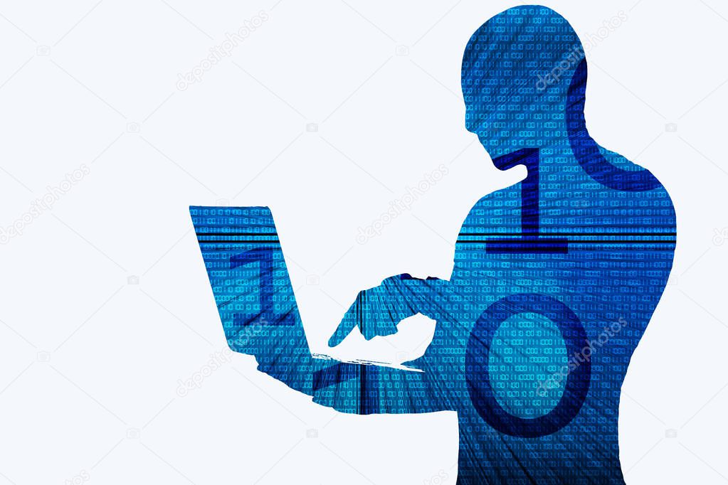 Silhouette of a person on a background with binary code