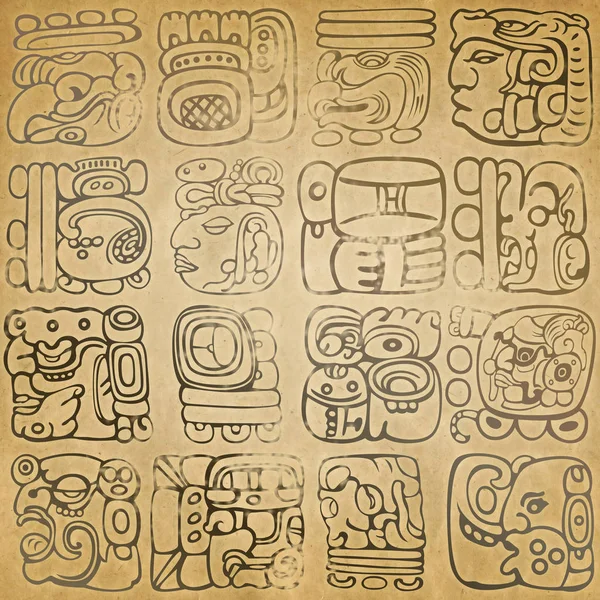 Mayan and aztec glyphs with ancient gods and characters on old paper