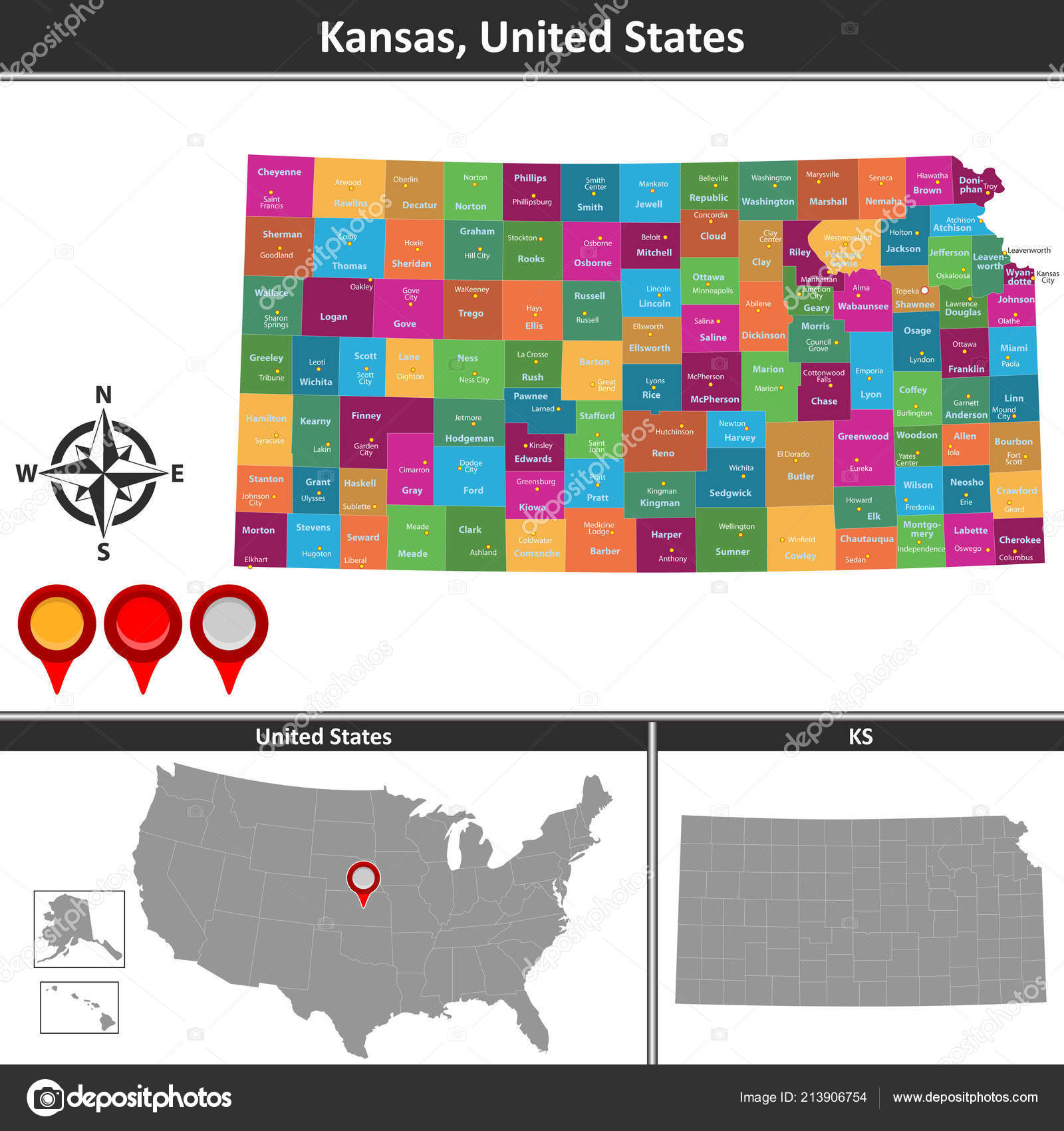 Vector Map Kansas Counties Location Map Stock Vector