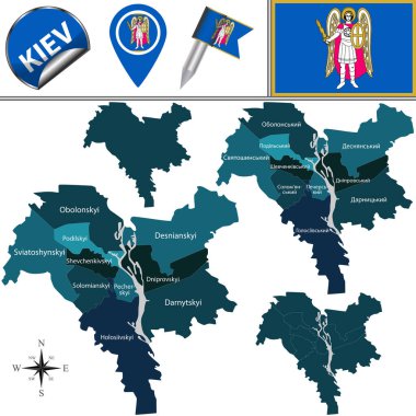 Kiev, Ukrayna 'nın isimlendirilmiş bölgelerinin vektör haritası. Bölgelerin orijinal Ukrayna dilinde imzalandığı harita varyasyonu var