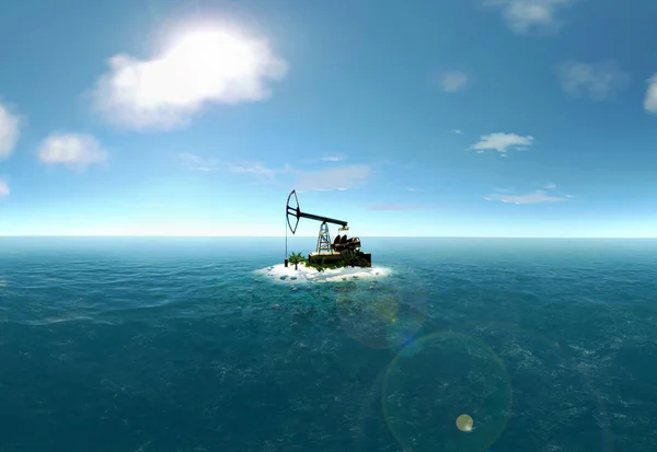 Island in the ocean and the oil pump 3d rendering