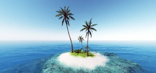 Malý Tropický Ostrov Oceánu Několika Palmami Pozadí Krásného Západu Slunce — Stock fotografie