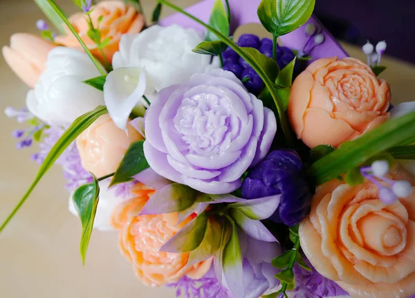 Bouquet of flowers from soap in a box — Stock Photo, Image