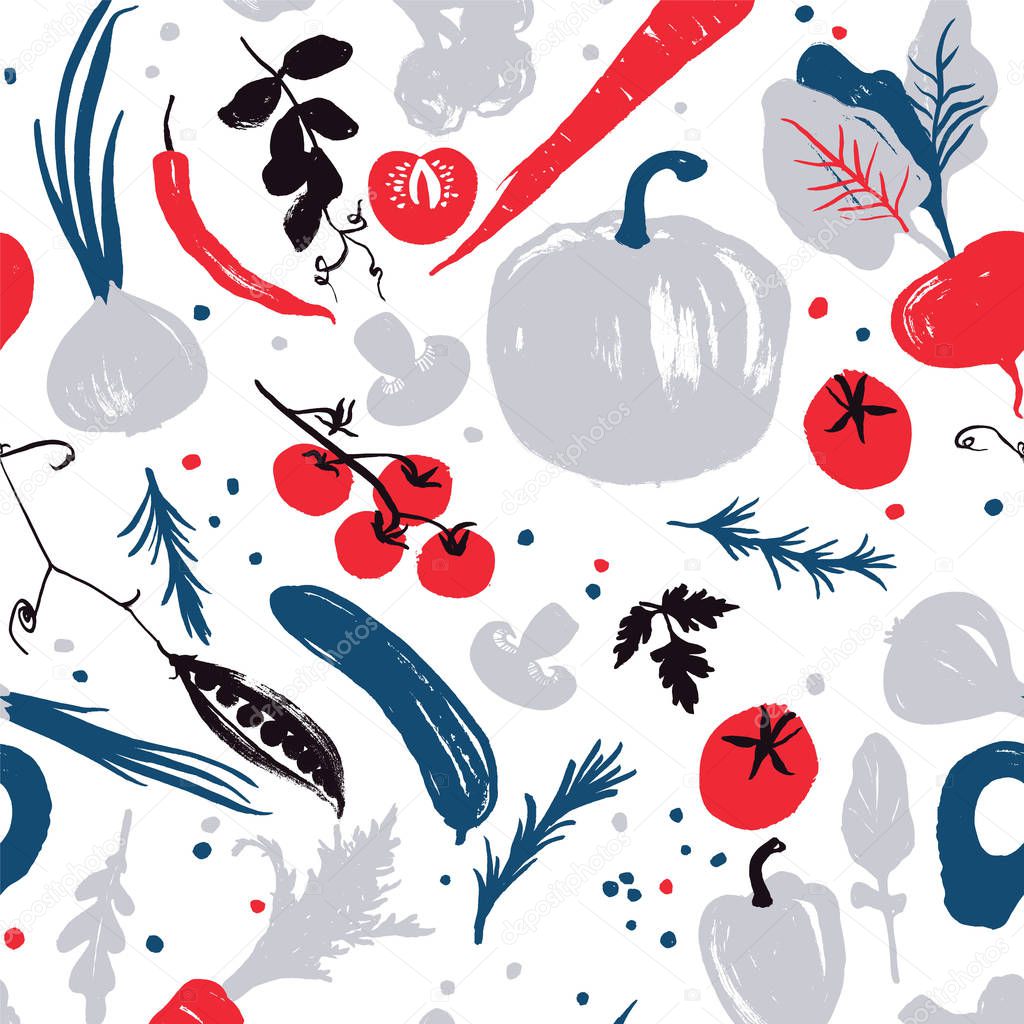 Blue-red colored vegetable seamless pattern with a half-square shift. Autumn crop. Farm market products. 