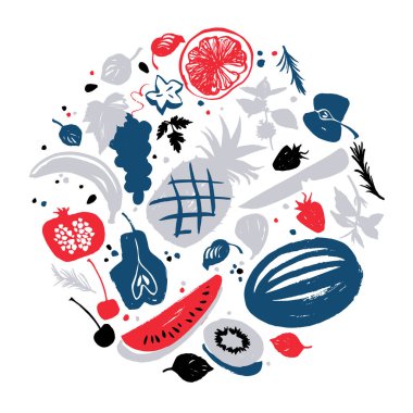 Etiketleri şablon reçel. Mavi-kirmizi gölgelerde meyve siluetleri.