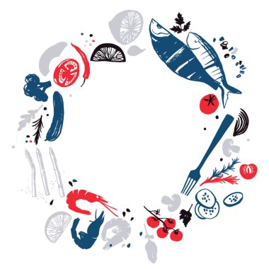 Balık Menü tasarım çelenk görünümü. Taze çiftlik ürünleri. Afiyet olsun