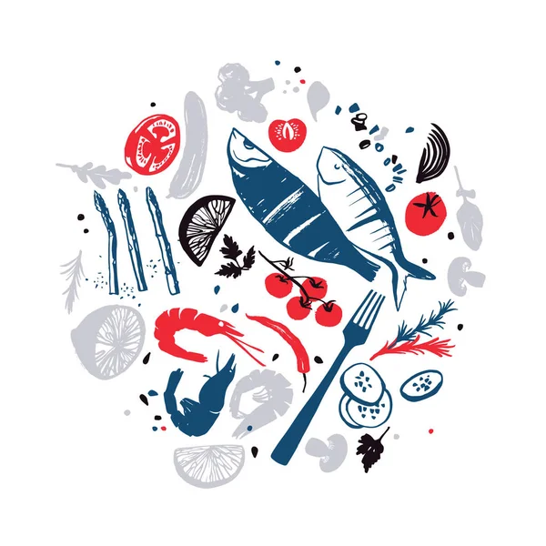Diseño de menú de pescado. Productos agrícolas frescos. Buen apetito. — Archivo Imágenes Vectoriales