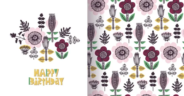 Tarjeta floral de feliz cumpleaños en estilo escandinavo. Amarillo, rosa, rojo, verde. Cortar letras de papel — Archivo Imágenes Vectoriales