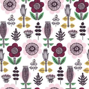 İskandinav tarzı çiçek deseni. Sarı, pembe, kırmızı, yeşil. 