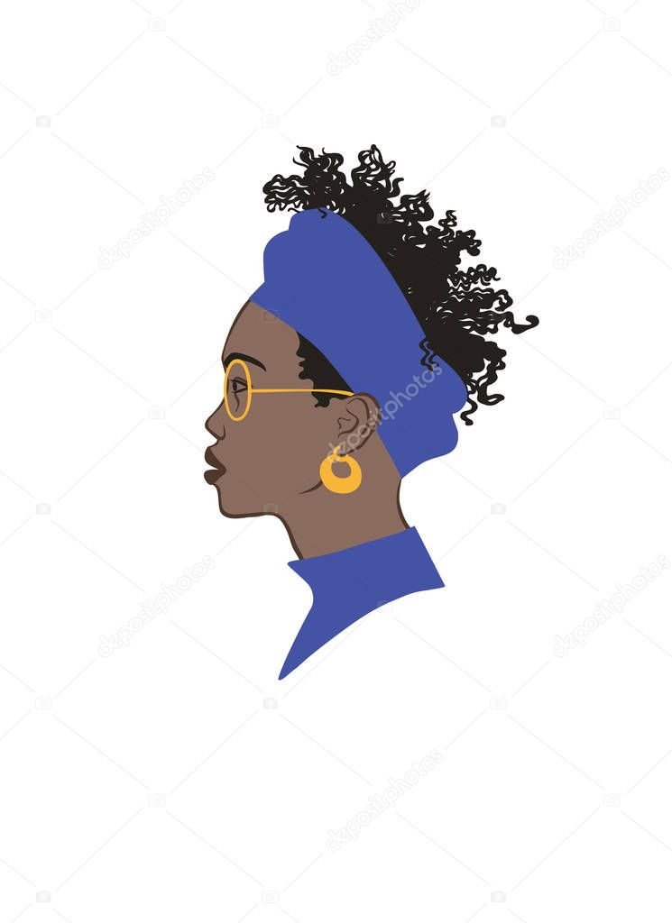 Black girl profile portrait. Black curly hair, blue headdress