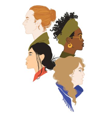Dört kız portre profil. Güçle savaş. Daha güçlü birlikte. Kızlar dayanışma. Herkes için eşit haklar. Feminizm 