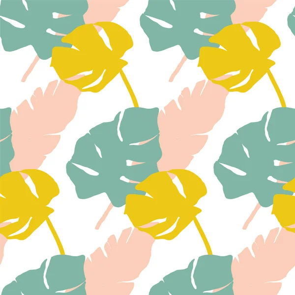 Motif de feuilles tropicales en menthe, jaune et rose — Image vectorielle