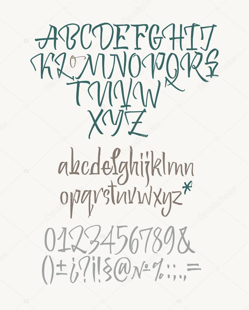 Latin calligraphic alphabet written with brush. Lowercase, numbers and punctuation