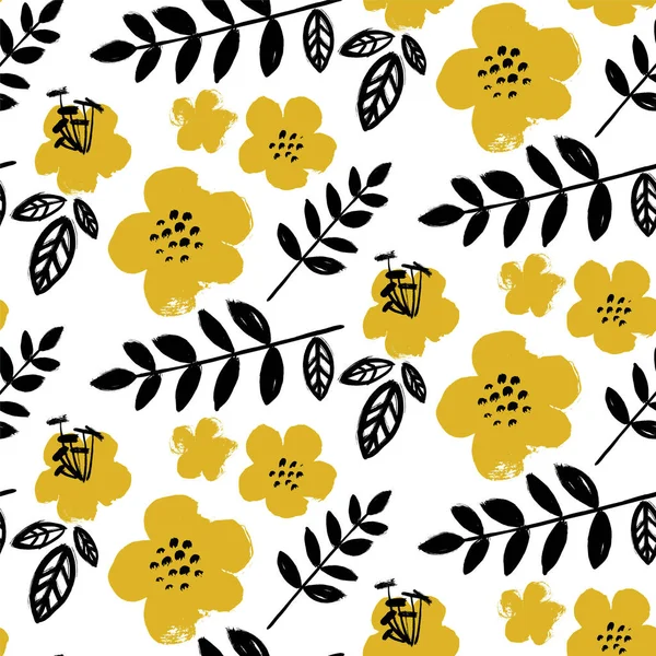 Brush textured flower pattern. Bright yellow and black — Stock Vector