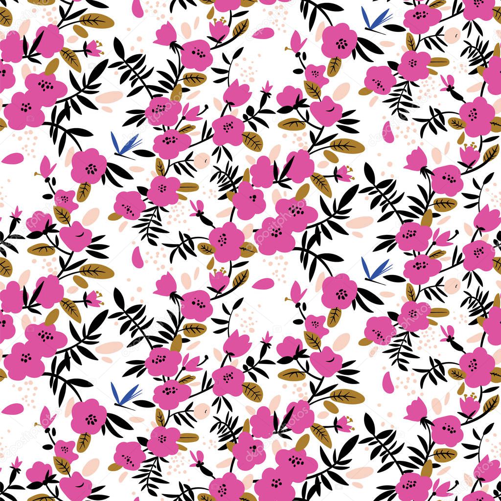 Seamless pattern with bright pink flowers
