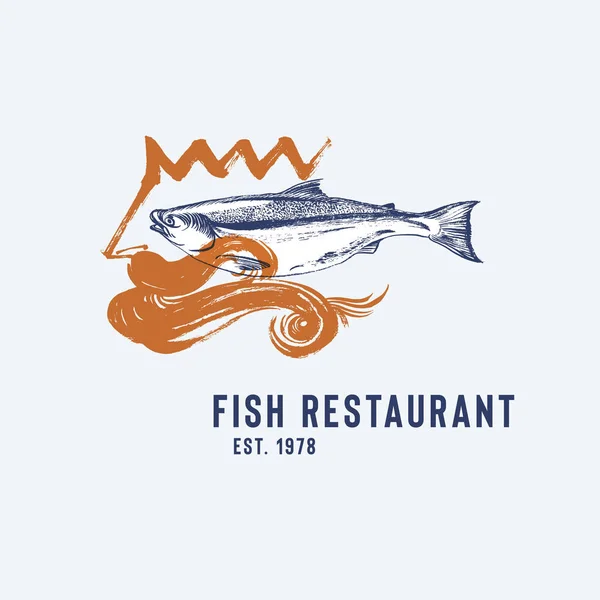 Logotipo ristorante di pesce con Poseidone e pesce — Vettoriale Stock