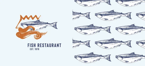 Logotipo y patrón del restaurante de mariscos — Vector de stock