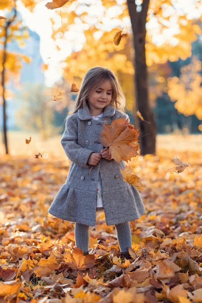 秋の公園で葉を持つ少女 — ストック写真