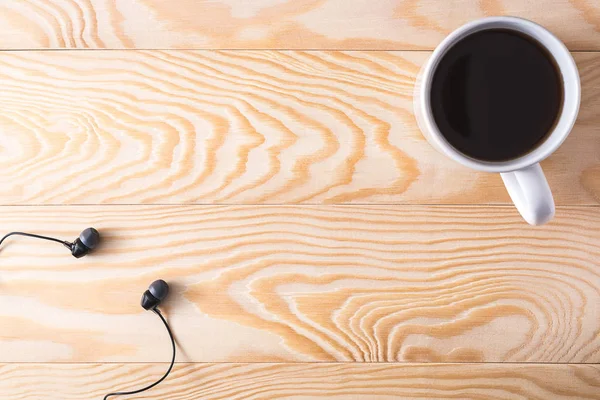 Coffee Headphones Wooden Background — Stock Photo, Image