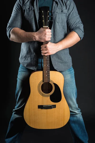 Men Hands Hold Acoustic Guitar — Stock Photo, Image