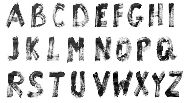 英語のアルファベットは 孤立した 白地に黒の塗料で書かれました 水平フレーム — ストック写真