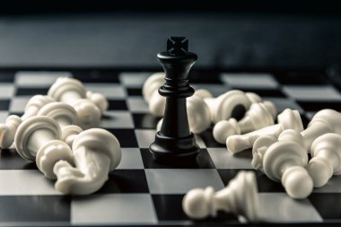 Satranç tahtası. Kara kral mağlup beyaz satranç rakibin arasında. Yatay çerçeve