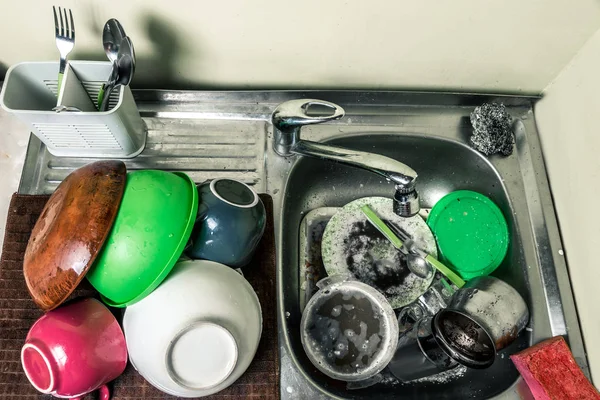 Dirty Dishes Cups Plates Spoons Sink Horizontal Frame — Stock Photo, Image