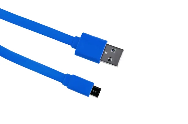 Azul Usb Cabo Micro Usb Isolado Fundo Branco — Fotografia de Stock