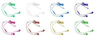 Sekiz çok renkli vakum kulaklık beyaz izole zemin üzerinde. Yatay çerçeve