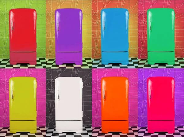 Восемь Старых Разноцветных Холодильников Разных Основаниях Горизонтальная Рамка — стоковое фото