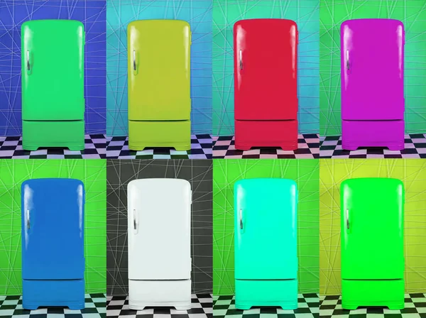 Oito Antigos Frigoríficos Multi Coloridos Diferentes Origens Quadro Horizontal — Fotografia de Stock