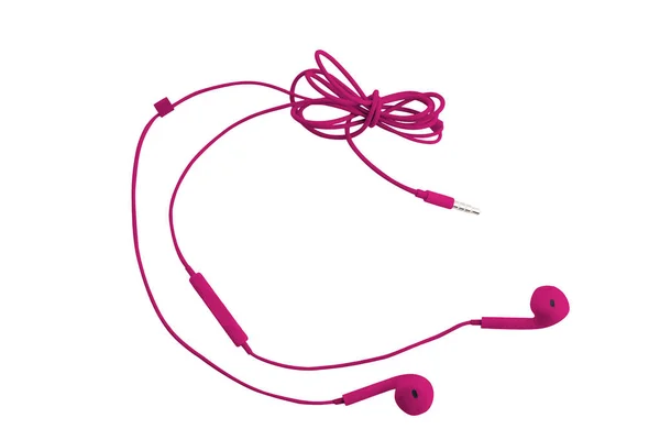 美丽的紫色耳机 适用于智能手机 平板电脑 音乐播放器和带耳机的电脑 位于白色隔离背景上 水平框架 — 图库照片