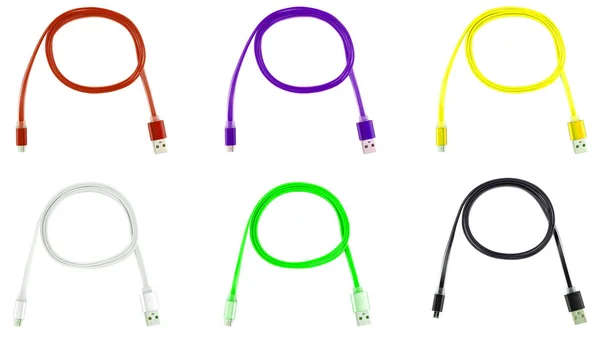 Seis Cables Usb Multicolores Sobre Fondo Blanco Aislado Marco Horizontal — Foto de Stock