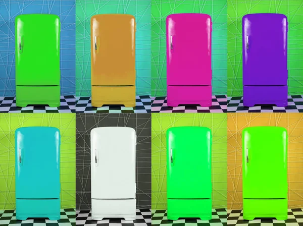 Eight Old Multi Colored Fridges Different Backgrounds Horizontal Frame — Stock Photo, Image