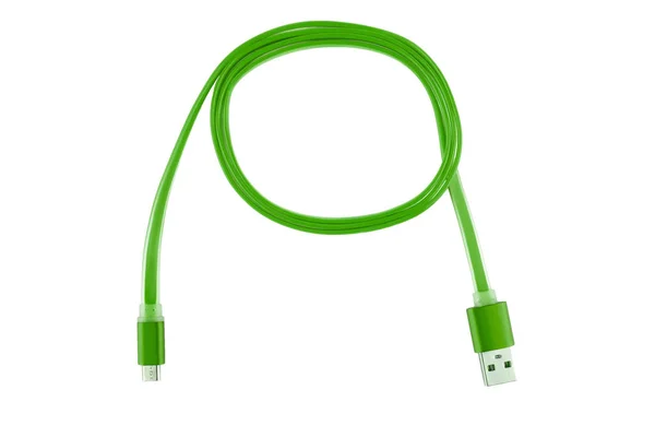 Cabo Micro Usb Verde Torcido Anel Fundo Isolado Branco — Fotografia de Stock