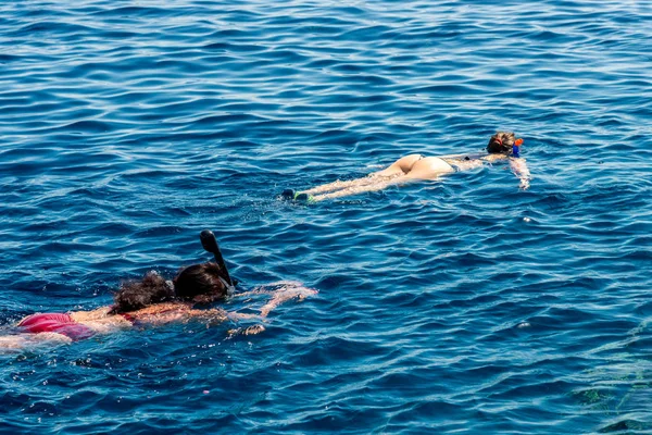 Viaje y ocio, dos chicas en una máscara con un tubo de snorkel —  Fotos de Stock