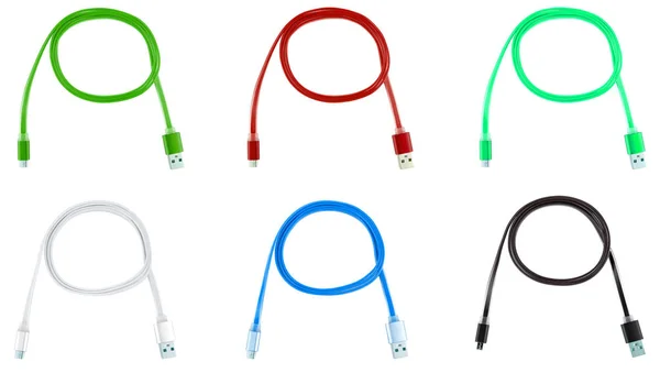 Seis cables USB multicolores sobre un fondo blanco aislado — Foto de Stock