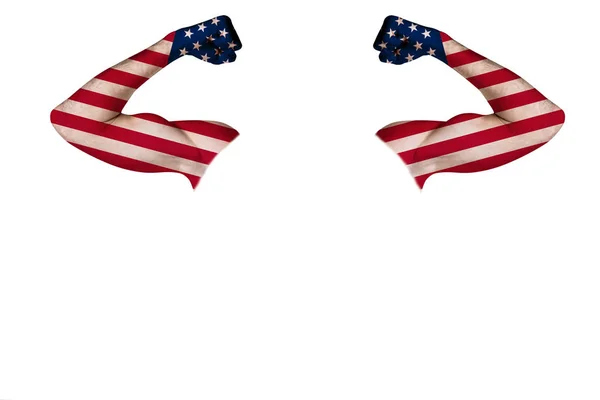 그려진 된 미국 국기와 함께 두 조각 된 손 힘의 표시로 근육을 보여, 힘과 싸울 준비, 흰색 바탕에 — 스톡 사진