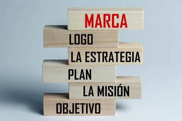 A list of wooden blocks lying on top of each other with a list of components of a successful business and brand in Spanish. Horizontal frame