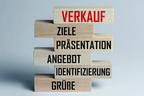 A list of wooden blocks lying on top of each other with a list of sales techniques in German. Horizontal frame