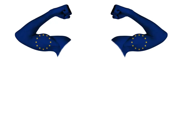 Dos manos talladas con una bandera de la UE pintada muestran músculos como signo de fuerza, fuerza y disposición para luchar, sobre un fondo blanco — Foto de Stock