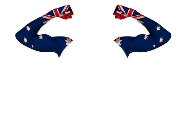 To udskårne hænder med et malet flag i Australien viser muskler som et tegn på styrke, styrke og beredskab til at kæmpe på en hvid baggrund - Stock-foto