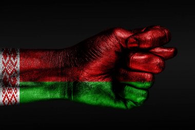 Boyalı Beyaz Rusya bayrağı ile bir el bir incir gösterir, saldırganlık, anlaşmazlık, karanlık bir arka plan üzerinde bir anlaşmazlık işareti.